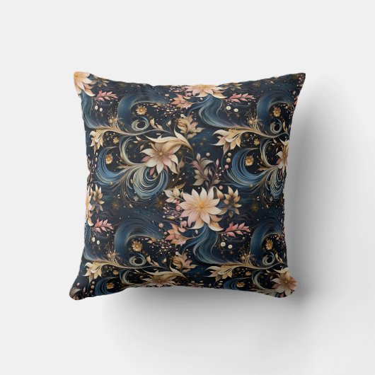 Sophisticated Gold Flowers On Navy Blue クッション (裏面)