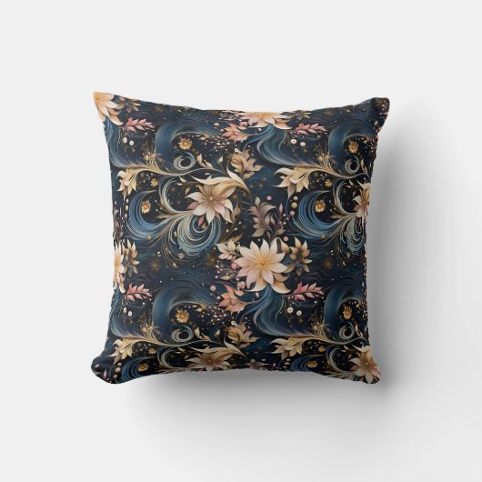 Sophisticated Gold Flowers On Navy Blue クッション (正面)