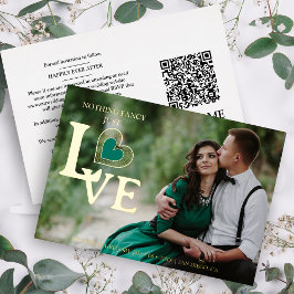 Sophisticated Green Heart Golden Embossed Wedding  箔招待状