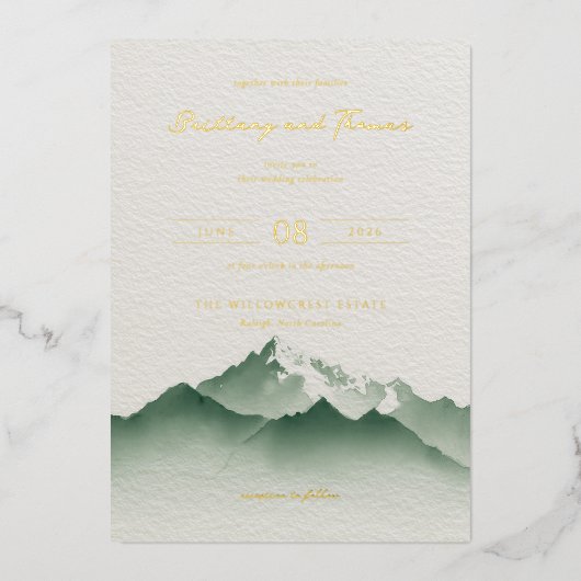 Sophisticated Green Mountain Landscape 箔招待状 (正面)