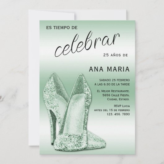 Sophisticated Green Spanish Feminine Birthday  招待状 (正面)