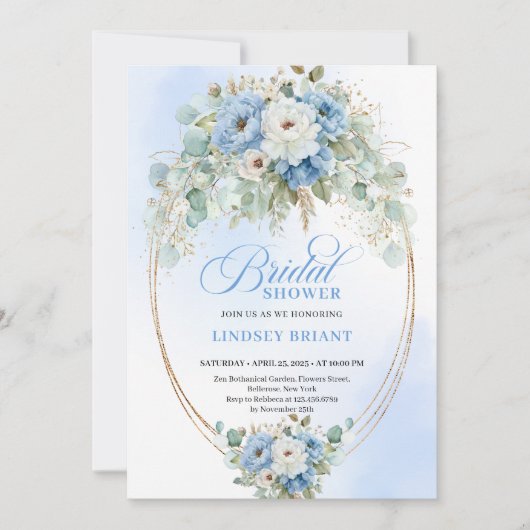 Sophisticated Light Blue Floral Gold Bridal Shower 招待状 (正面)