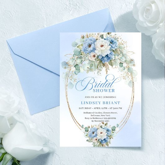 Sophisticated Light Blue Floral Gold Bridal Shower 招待状