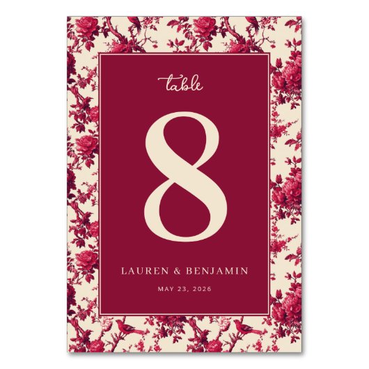 Sophisticated Maroon Floral Table Number テーブルナンバー (正面)