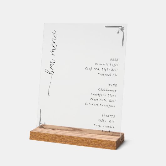 Sophisticated Monochromatic Minimalist Bar Menu アクリルサイン (傾斜)