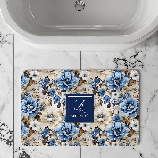 Sophisticated Navy Blue Flowers Personalized Bath  バスマット