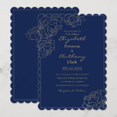 Sophisticated navy blue gold peony floral Wedding 招待状 (正面/裏面)