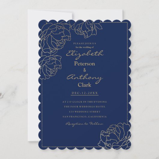 Sophisticated navy blue gold peony floral Wedding 招待状 (正面)