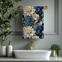 Sophisticated Navy Blue Ivory Gold Flowers バスタオルセット