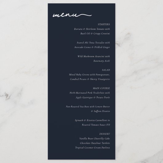 Sophisticated Navy Blue Minimalist Wedding Menu メニュー (正面)