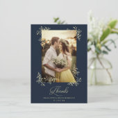 Sophisticated Navy Flourish Photo Wedding Thanks サンキューカード (スタンド正面)