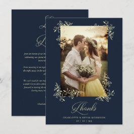 Sophisticated Navy Flourish Photo Wedding Thanks サンキューカード