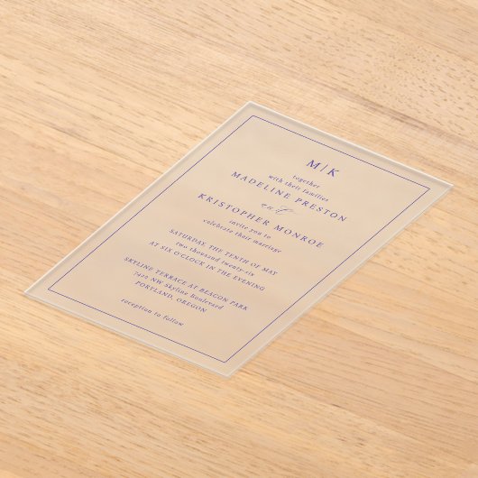 Sophisticated Navy Initials アクリル招待状 (レイダウン)