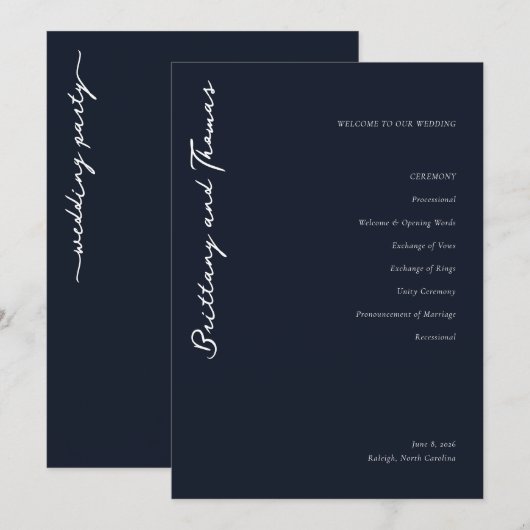Sophisticated Navy Minimalist Wedding Program プログラム (正面/裏面)