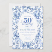 Sophisticated Navy Toile Rose 50th Birthday Invite 招待状 (正面)