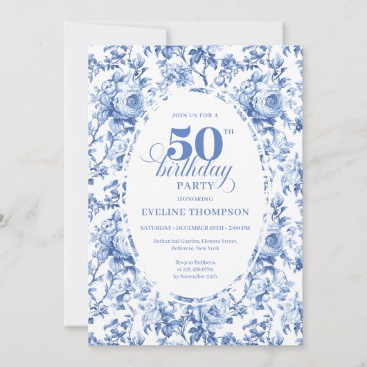 Sophisticated Navy Toile Rose 50th Birthday Invite 招待状 (正面)