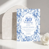 Sophisticated Navy Toile Rose 50th Birthday Invite 招待状