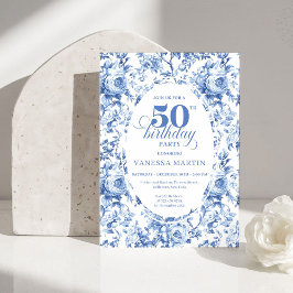Sophisticated Navy Toile Rose 50th Birthday Invite 招待状