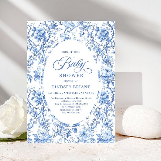 Sophisticated Navy Toile Rose Baby Shower Invite 招待状