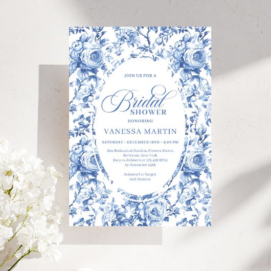Sophisticated Navy Toile Rose Bridal Shower Invite 招待状