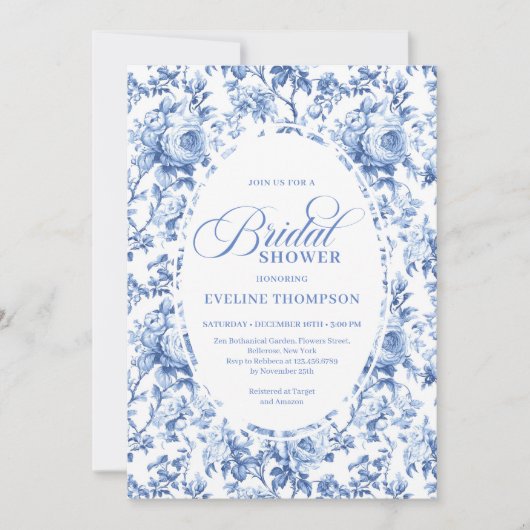 Sophisticated Navy Toile Rose Bridal Shower Invite 招待状 (正面)