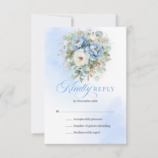 Sophisticated Pastel Blue Floral Wedding RSVP Card (正面)