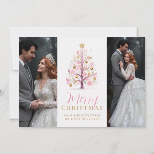 Sophisticated Pink First Christmas Wedding Tree シーズンカード (正面)