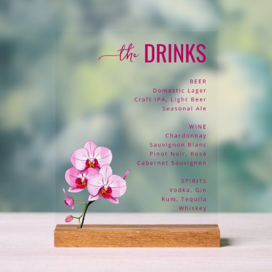 Sophisticated Pink Floral Beverage Menu アクリルサイン (ニュートラル)