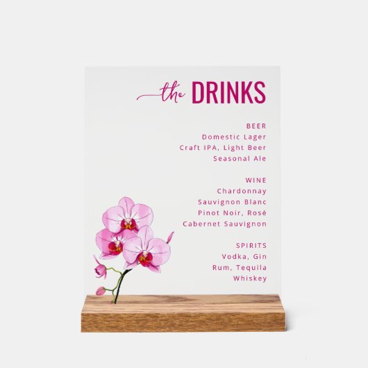 Sophisticated Pink Floral Beverage Menu アクリルサイン (正面)