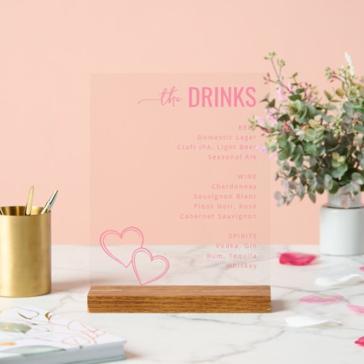 Sophisticated Pink Minimalist Beverage Menu アクリルサイン (ウェディング)