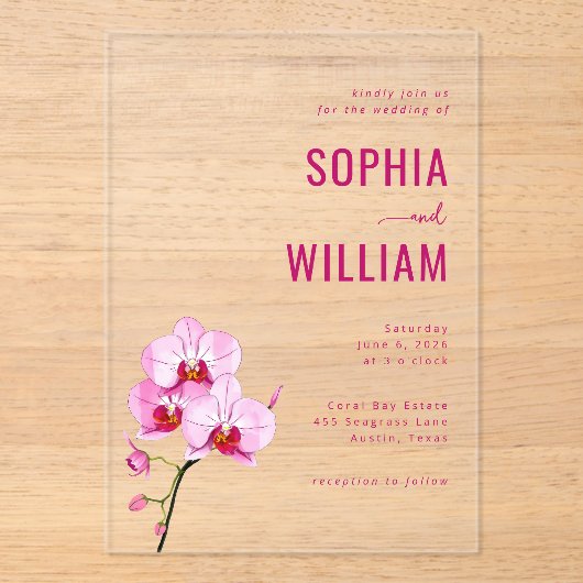 Sophisticated Pink Orchid Wedding Invitation アクリル招待状 (正面)