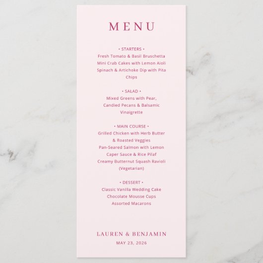 Sophisticated Pink Serif Wedding Menu メニュー (正面)