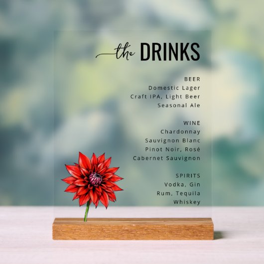 Sophisticated Red Floral Beverage Menu アクリルサイン (ニュートラル)
