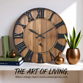 Sophisticated Roman Numeral Rustic Plank ラージ壁時計