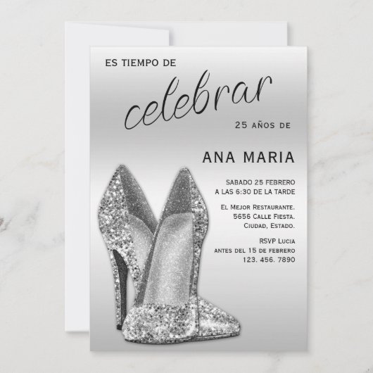 Sophisticated Silver Spanish Feminine Birthday  招待状 (正面)