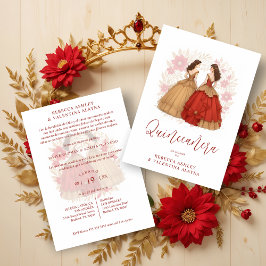 Sophisticated Spanish Red & Gold Quinceañera Twins 招待状