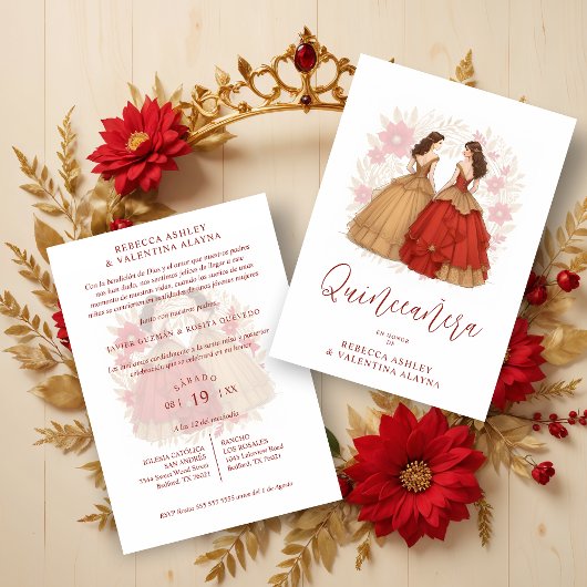 Sophisticated Spanish Red & Gold Quinceañera Twins 招待状