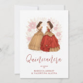 Sophisticated Spanish Red & Gold Quinceañera Twins 招待状 (正面)