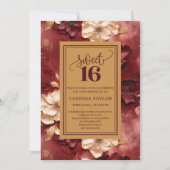 Sophisticated Sweet 16 Burgundy Gold Floral Invite 招待状 (正面)