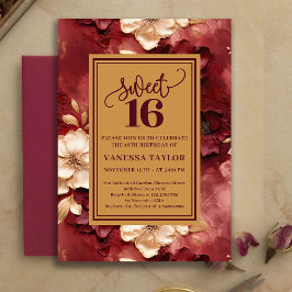Sophisticated Sweet 16 Burgundy Gold Floral Invite 招待状
