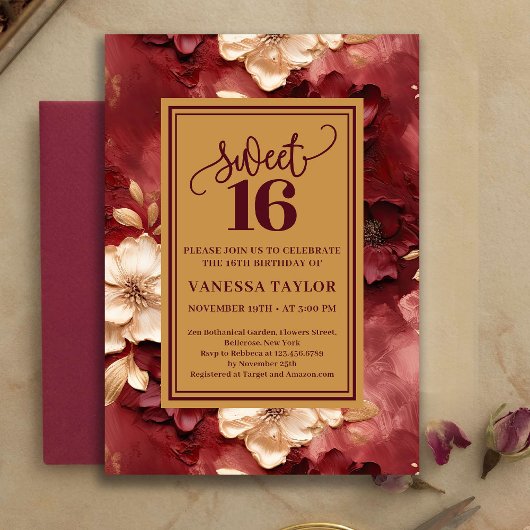 Sophisticated Sweet 16 Burgundy Gold Floral Invite 招待状