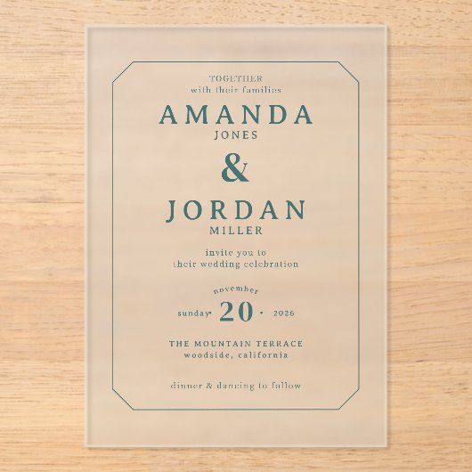 Sophisticated Teal Minimalist Wedding Invitation アクリル招待状 (正面)