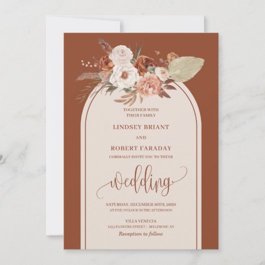Sophisticated Terracotta Pampas Grass Boho Wedding 招待状 (正面)