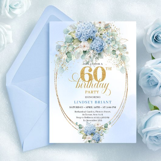 Sophisticated Watercolor Blue Floral 60th Birthday 招待状