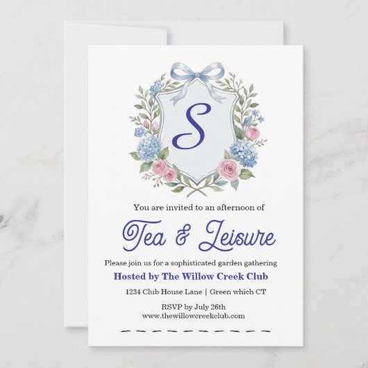 Sophisticated Watercolor Hydrangea & Rose Crest Ga 招待状 (正面)