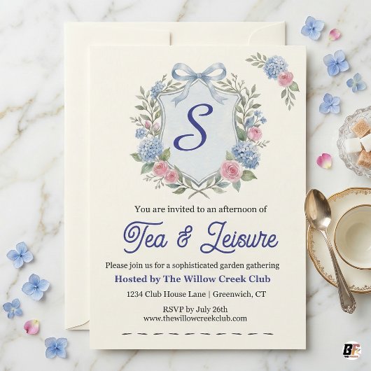 Sophisticated Watercolor Hydrangea & Rose Crest Ga 招待状