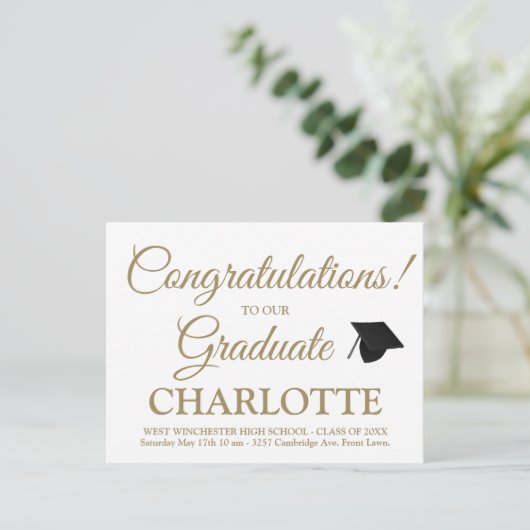Sophisticated white gold graduation cap invite ポストカード (スタンド正面)