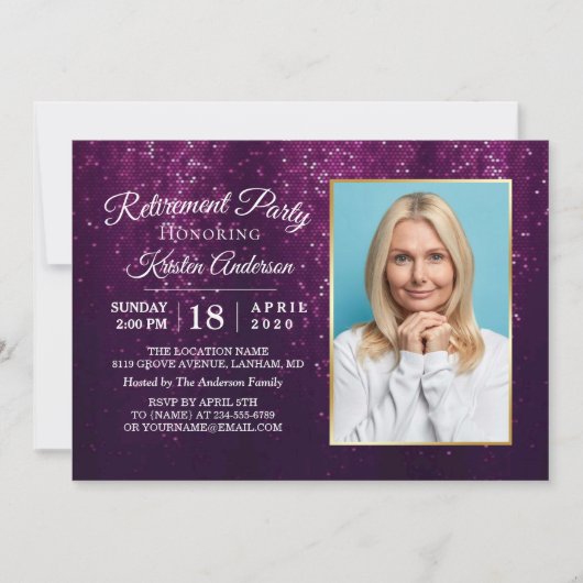 SoPurpleエレガントグリッター金ゴールド退職パーティー 招待状 (正面)