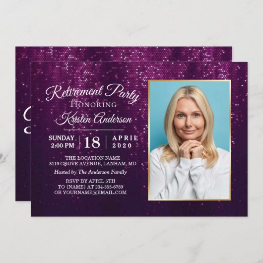 SoPurpleエレガントグリッター金ゴールド退職パーティー 招待状 (正面/裏面)