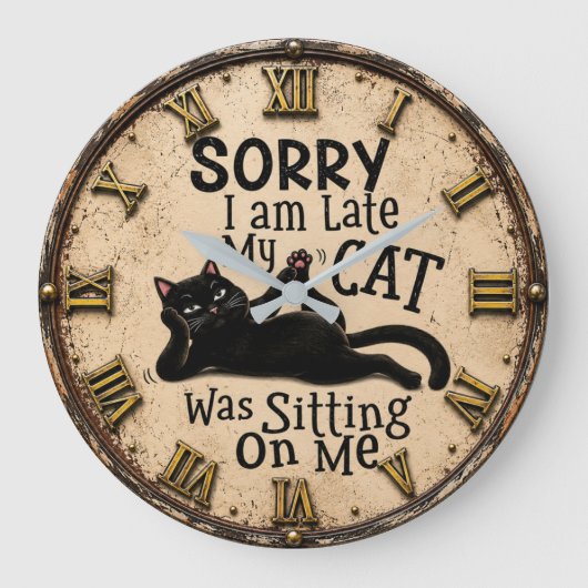 Sorry I'm Late My Cat Was Sitting on Me Funny Cat ラージ壁時計 (正面)